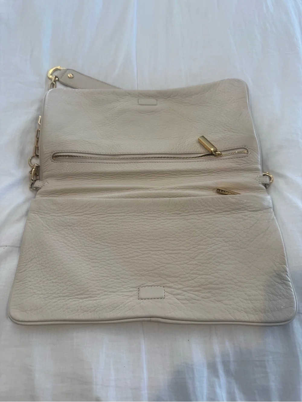 Tory Burch Ivory/Beige Pebbled Leather Shoulder Bag with Gold Logo